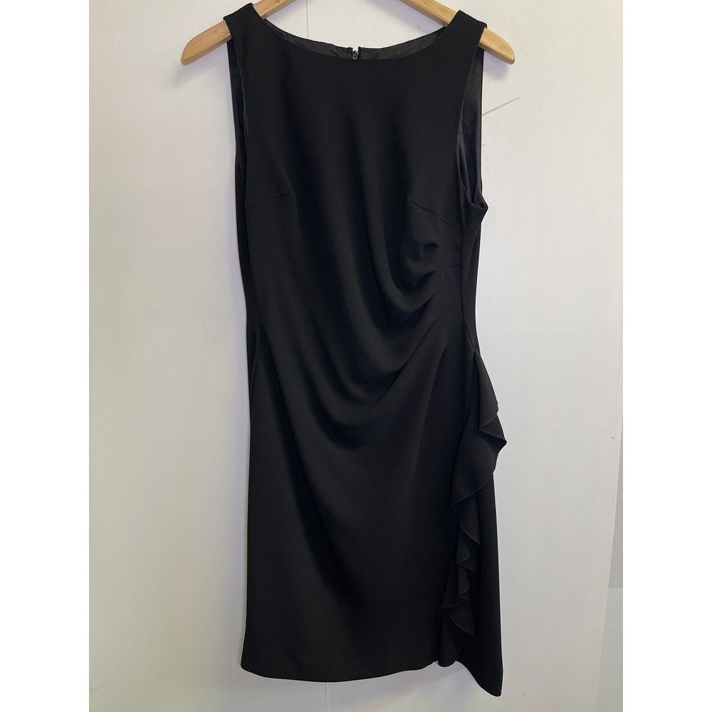 Tahari‎ Arthur & Levine Black Sheath Dress Size 10P Side Ruffle Starburst